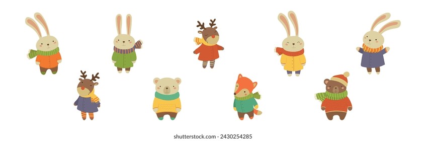 Funny Animal Wearing Warm Clothes and Scarf Vector Set