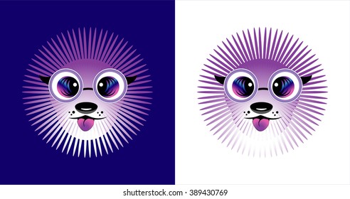 Funny animal white-violet muzzle with pink tongue and big glasses. Vector