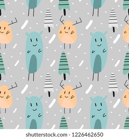 Funny animal winter seamless pattern vector illustration. Colorful seasonal hand drawn character childish drawing style for baby, kids, and children fashion textile ready for print.