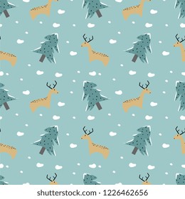 Funny animal winter seamless pattern vector illustration. Colorful seasonal hand drawn character childish drawing style for baby, kids, and children fashion textile ready for print.