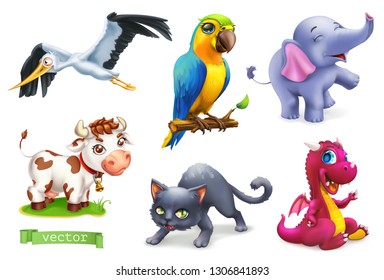 Funny animals. 3d vector icon set. Stork, parrot, elephant, cow, cat, dragon