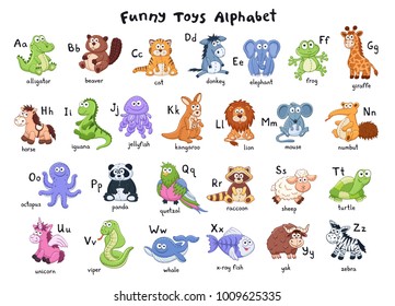 Funny animals alphabet  Cute cartoon animals and latin letters isolated white background  Plush toys collection  Vector illustration adorable baby animals 