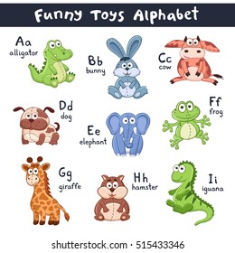 Funny animals alphabet. Cute cartoon animals with latin letters isolated on white background. Plush toys collection. Vector illustration of adorable baby animals. 