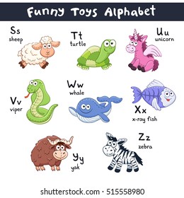 Funny animals alphabet. Cute cartoon animals with latin letters isolated on white background. Plush toys collection. Vector illustration of adorable baby animals. 