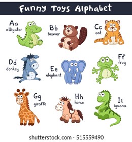 Funny animals alphabet. Cute cartoon animals with latin letters isolated on white background. Plush toys collection. Vector illustration of adorable baby animals. 