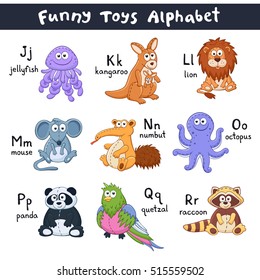 Funny animals alphabet. Cute cartoon animals with latin letters isolated on white background. Plush toys collection. Vector illustration of adorable baby animals. 