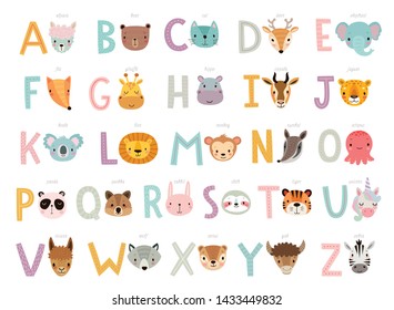 Funny Animals alphabet for kids  education. Cute hand drawn characters. Vector illustration.