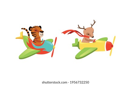 Funny Animals Aviating or Flying on the Airplane with Propeller Vector Set