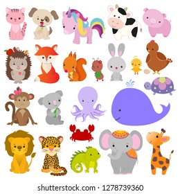 Animales divertidos, zoológico lindo, granja, afro, tropical, selva, bosque, bosques, mar, habitantes marinos, para juegos infantiles, libro, aplicación educativa, ropa impresa, dibujo plano de dibujos animados, ilustración vectorial.