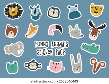 Funny animals big sticker pack. Hand drawn heads of cute wild animals. Stickers for diary.