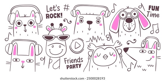 Funny animals and bird characters wearing headphones listening music celebrating friends party outline doddle set. Cute little bunny, cat, dog, fox, owl, bear, giraffe dj mascot vector illustration