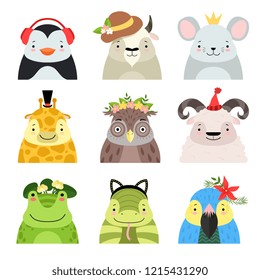 Funny animals and birds different hats set, penguin, cow, mouse, giraffe, owl, sheep, frog, snake, parrot, cute cartoon animal avatars vector Illustration on a white background