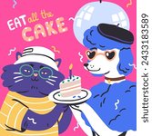 Funny animals with birthday cake. Cool fashion pets with holiday dessert, greeting card design. Funky comic cat and dog celebrating. Party celebration, square postcard. Flat vector illustration
