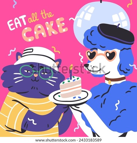 Funny animals with birthday cake. Cool fashion pets with holiday dessert, greeting card design. Funky comic cat and dog celebrating. Party celebration, square postcard. Flat vector illustration