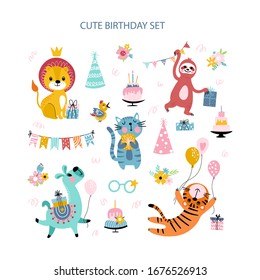 Funny animals and birthday party elements in cartoon style isolated on white background. Vector illustration for the children.