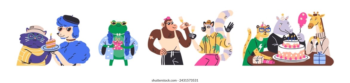 Funny animals at birthday party set. Cute cool characters celebrating holiday with cake, candles, champagne, gifts. Funky celebration. Flat graphic vector illustrations isolated on white background