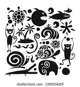 Funny animals, black silhouette for your design