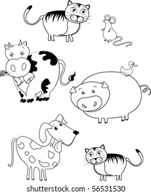 Funny animals in black and white to color at will (album coloring for children). Vector illustration