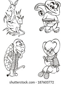Funny animals. Black and white vector illustration in cartoon style.