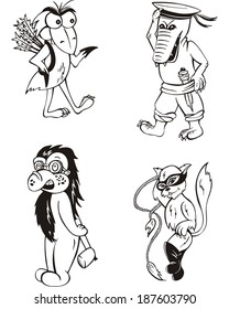 Funny animals. Black and white vector illustration in cartoon style.
