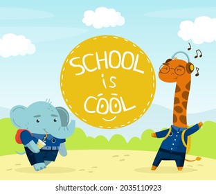 Funny Animals In Blue School Uniform With School Back Listening To Music And Drinking Juice Vector Illustration