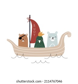 Funny animals in the boat. Childish print. Vector hand drawn illustration.