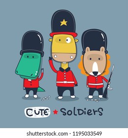 Funny animals in british queen's guard soldier uniform on isolated background illustration vector. 