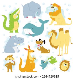 Funny animals brushing teeth flat icons set. Wild animals daily routine for mouth hygiene. Monkey, crocodile, elephant