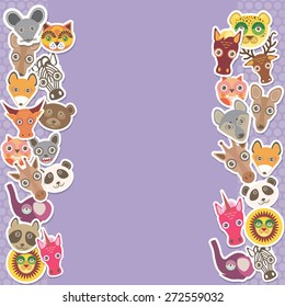 Funny Animals card template. lilac background, template for your design. Vector
