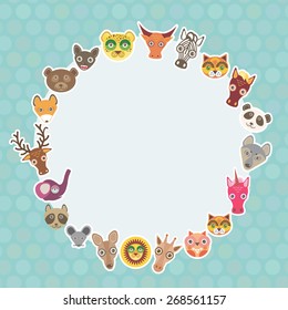 Funny Animals card template. White circle on light blue Polka dot background. Vector