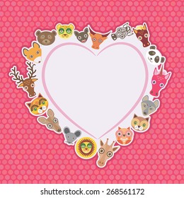 Funny Animals card template. White heart on pink Polka dot background. Vector