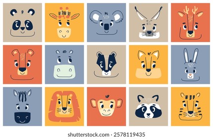 Funny animals cards. Cartoon fauna characters, cute little faces, panda, giraffe, koala and bunny, wildlife zoo portraits, vector cards