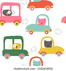 Funny animals in cars seamless pattern. Cute kids print. Vector hand drawn illustration.