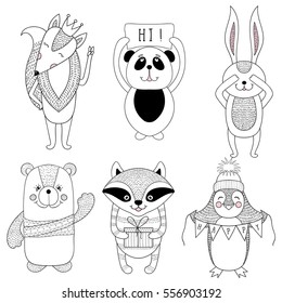 Funny animals cartoon, children illustrations. Cute fox, bear, penguin, raccoon, rabbit, panda for kids party, greeting card templates, banners, hand drawn invitations, book cover