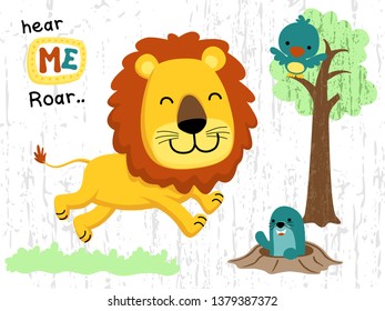 Funny animals cartoon in jungle, lion running, bird on tree, mole rat on ground