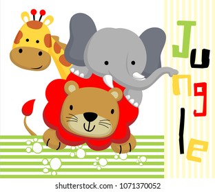 Funny animals cartoon. Lion, elephant and giraffe