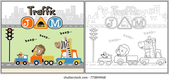 Funny animals cartoon on car in traffic jam, coloring book or page