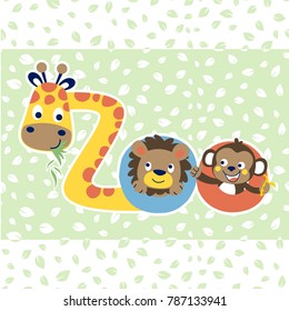 funny animals cartoon on leaves background 