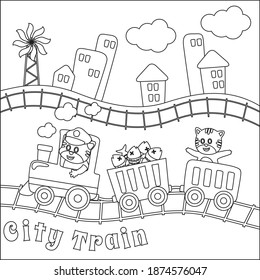 funny animals cartoon on train,  Coloring book or page, Creative vector Childish design for kids activity colouring book or page.