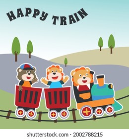 Funny animals cartoon on train, Can be used for t-shirt print, kids wear fashion design, invitation card. fabric, textile, nursery wallpaper, poster and other decoration.