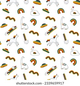 funny animals, cartoon pattern, dragon, swan, pony, cat