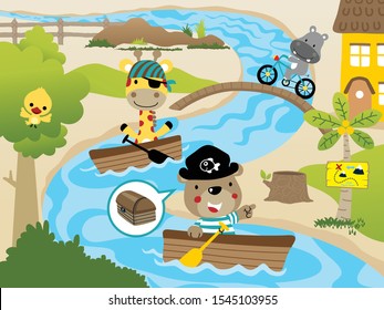 funny animals cartoon in pirate costume on rowboat in river, hippo riding bicycle, rural scene illustration