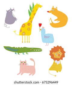 Funny animals cartoon set, vector graphic illustration