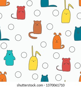 Funny animals cat, dog, hare, wolf, mouse, bear. The colored contours on white. Seamless vector pattern. Children's pattern for design, packaging, fabric.