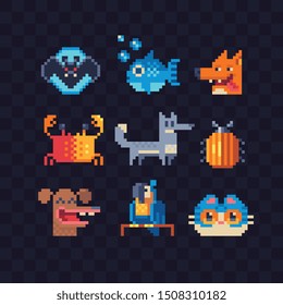 Funny Animals Character Set, Bat, Crab, Fish, Cat, Parrot, Fox, Bug And Dog. Pixel Art 80s Style Icons. Design For Stickers, Logo And Mobile App. Video Game Assets Sprite Sheet. Isolated Vector. 