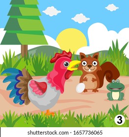 Funny animals chicken, frog and squirrel in the wood. Cartoon vector illustration, animal story,  part 3
