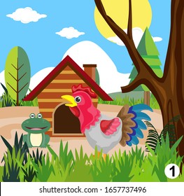 Funny animals chicken, frog and squirrel in the wood. Cartoon vector illustration, animal story,  part 1