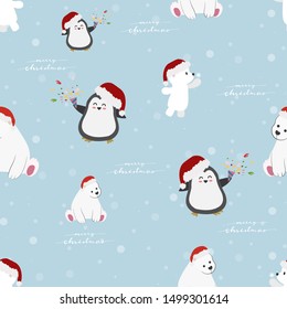 funny animals Christmas party on falling snow seamless pattern eps10 vectors illustration