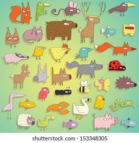 Funny Animals Collection in colours, with outlines and shadows, on gradient background. Elements are isolated in a group, shadows on separate layer, illustration in eps10 vector mode.