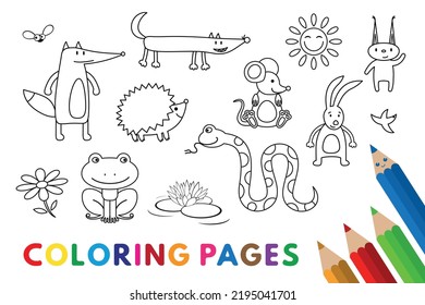 Funny animals coloring book. Vector coloring book pages for children education